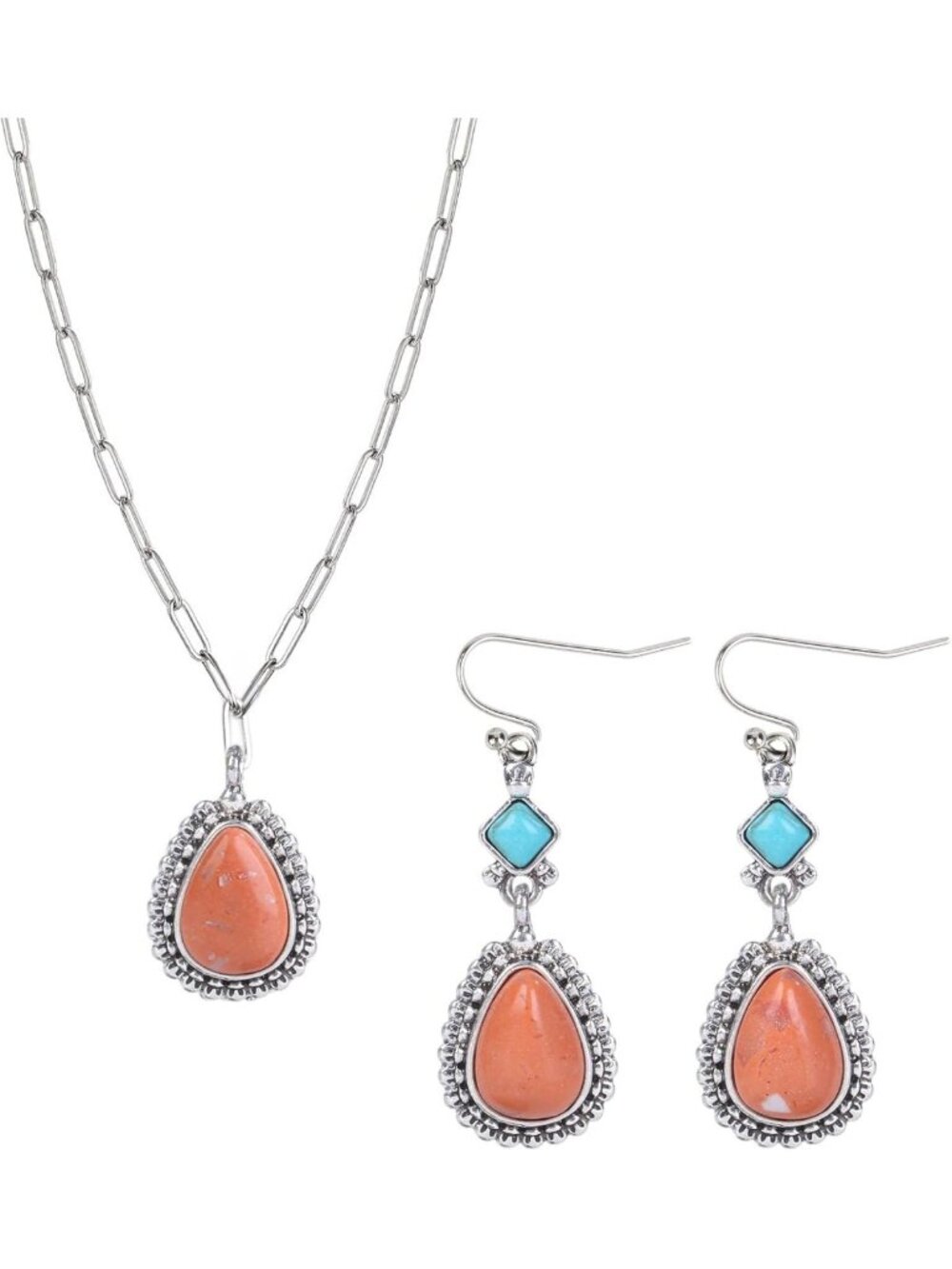 Orange Spiny Oyster & Turquoise Pendant Jewelry Set for Women, Boho Earrings
